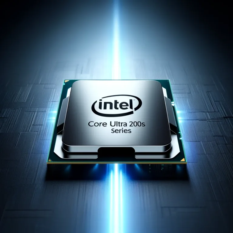 A sleek and futuristic image of an Intel Core Ultra 200S Series processor. The chip should have a metallic silver body with 'Intel Core Ultra 200S Ser