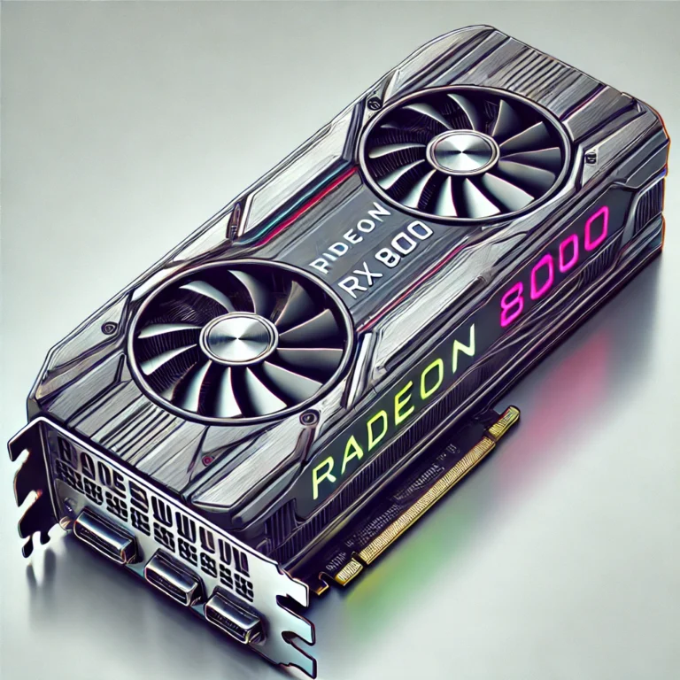 A detailed and futuristic illustration of a graphics card labeled 'Radeon RX 8000.' The card should feature a sleek, high-tech design with prominent c