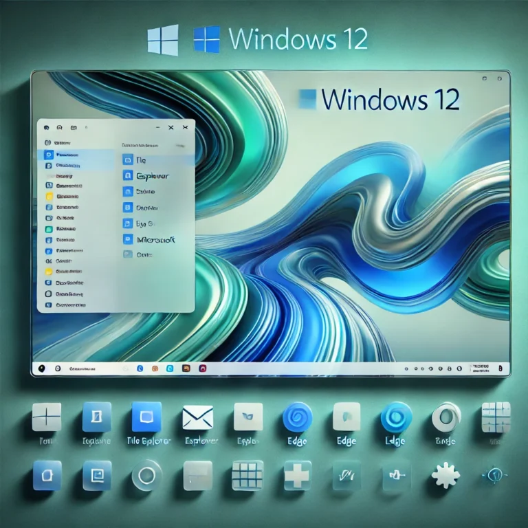 conceptual redesign of the Windows 12 main interface. The design features a modern desktop with a floating taskbar similar to macOS, placed at the b.webp