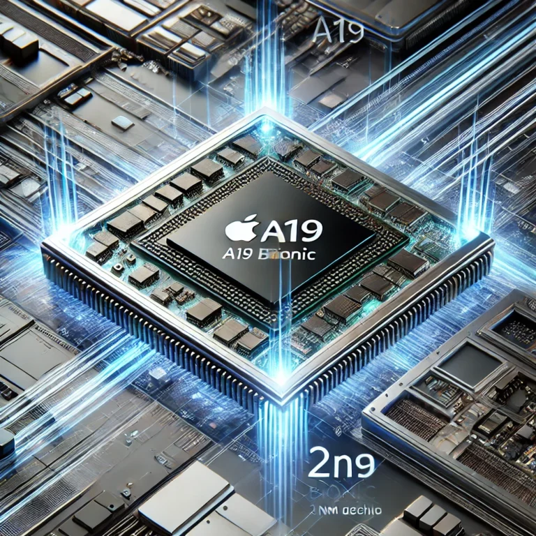 detailed digital rendering of Apple's A19 Bionic chip, showcasing its advanced architecture and highlighting its 2nm design technology.