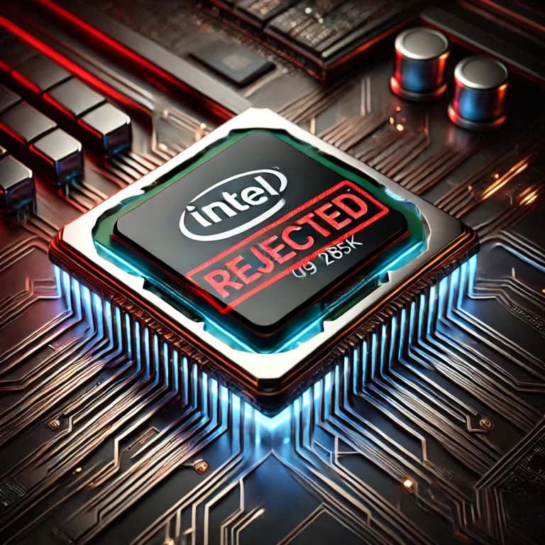 A sleek, modern image of the Intel Core Ultra 9 285K processor, displayed with a high-tech, 3D metallic design. The processor has glowing edges
