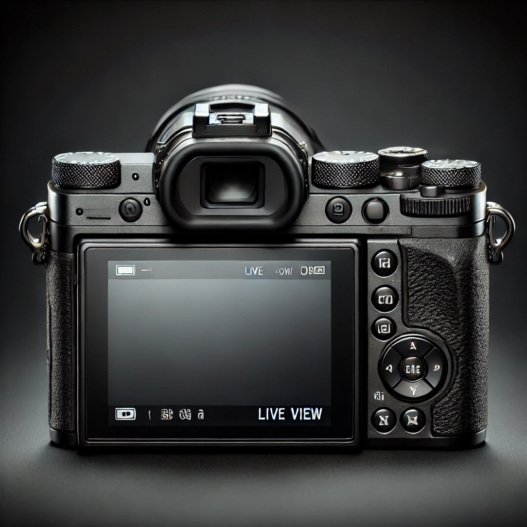 A digital camera viewed from the back, resembling the Sony Alpha 6400, with the flip-out LCD screen tilted outward. The screen should display a camera