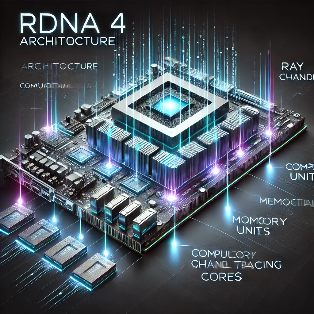  A conceptual illustration of the RDNA 4 architecture for graphics cards, featuring a futuristic digital design. The image should depict internal compo