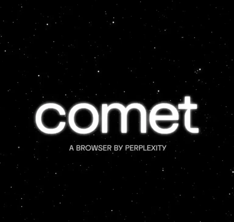 Comet – A browser by Perplexity, white glowing logo on a starry black background