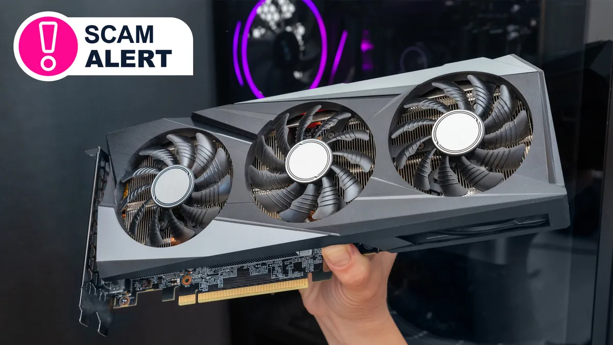 تحذير من عملية احتيال تتعلق ببطاقات RTX 5090 المزيفة، صورة توضح بطاقة رسوميات ثلاثية المراوح يتم التلاعب بها في السوق.