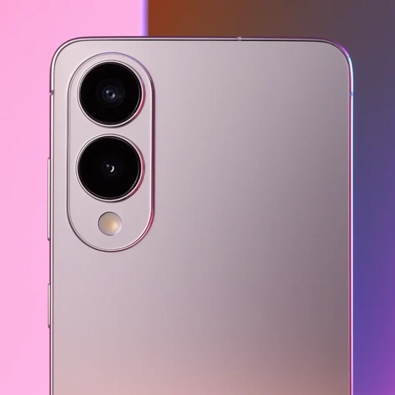 Close-up of a modern smartphone with dual rear cameras in a vertical alignment and a metallic silver finish, reflecting pink and blue lighting accents