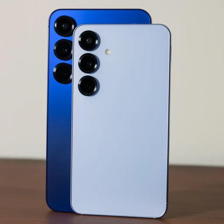 Two modern smartphones, one light blue and one dark blue, standing vertically on a wooden table with triple rear cameras aligned vertically