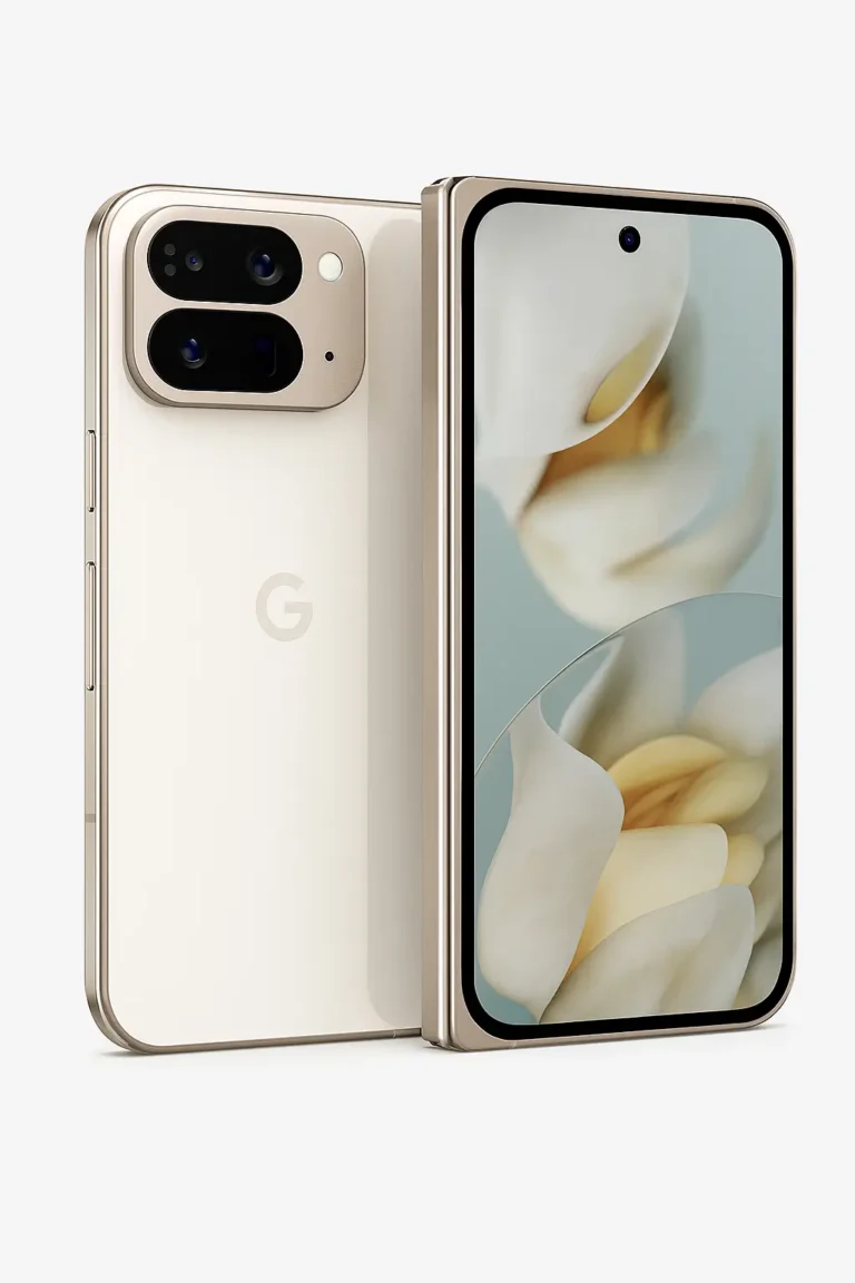 A high-resolution render of a Google foldable smartphone in a soft gold color. The device features a sleek, modern design with flat edges, a dual-camera system housed in a rectangular black module on the back, and a full-screen front display with minimal bezels and a centered punch-hole camera. The phone is shown slightly open, highlighting its folding mechanism and premium materials.