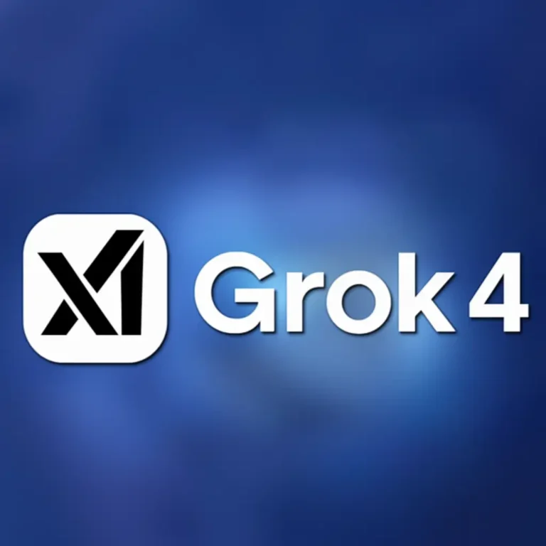 Grok 4 official logo with XAI symbol on blue gradient background