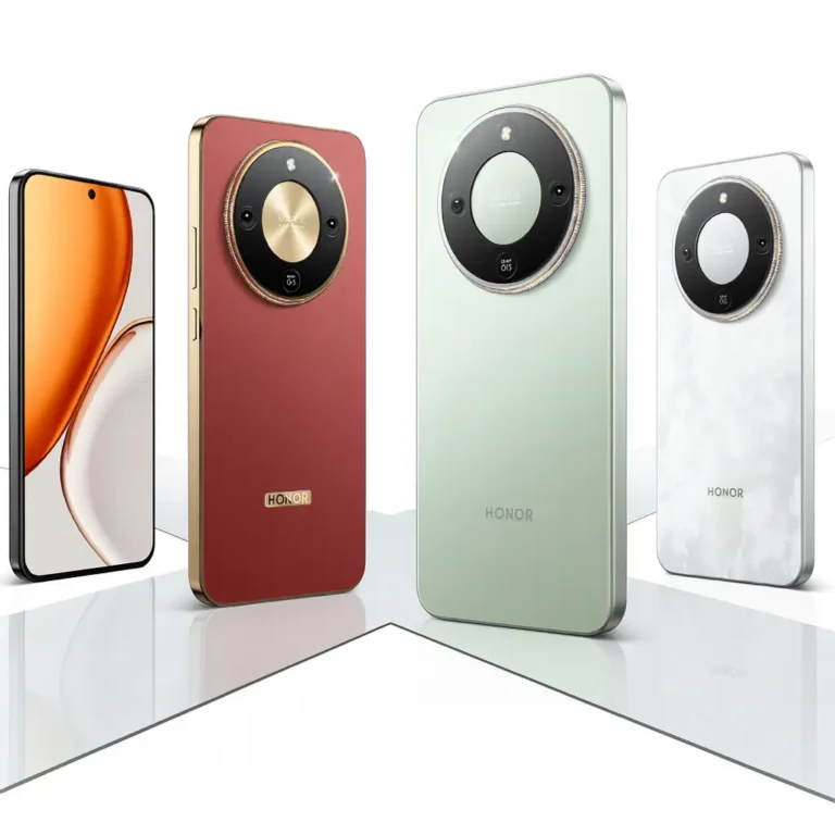 Four HONOR X70 smartphones displayed in different colors—red, green, white, and black—showcasing the front and back design with a large circular rear camera module on a reflective surface.