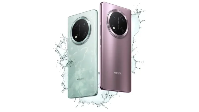 Two Honor X9c 5G smartphones in green and purple colors displayed with water splashes, highlighting the phone’s water resistance and sleek curved design.