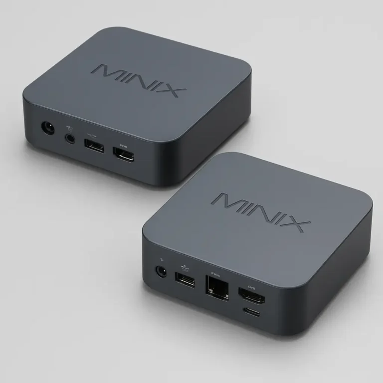 Two compact MINIX mini PCs with a dark matte finish placed on a light gray background, showcasing various connectivity ports including USB, HDMI, and Ethernet, without visible text or labels.