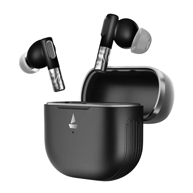 boAt Nirvana Zenith Pro wireless earbuds in black with charging case open, showing sleek stem design and silicone ear tips