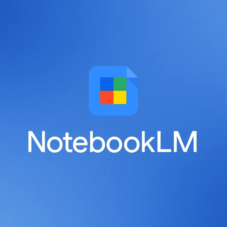 A digital graphic showing the NotebookLM logo on a smooth blue gradient background. The logo consists of a rounded square with a folded top-right corner and a 2x2 grid of blue, green, red, and yellow squares. Below the logo, the text "NotebookLM" is written in bold white sans-serif font.