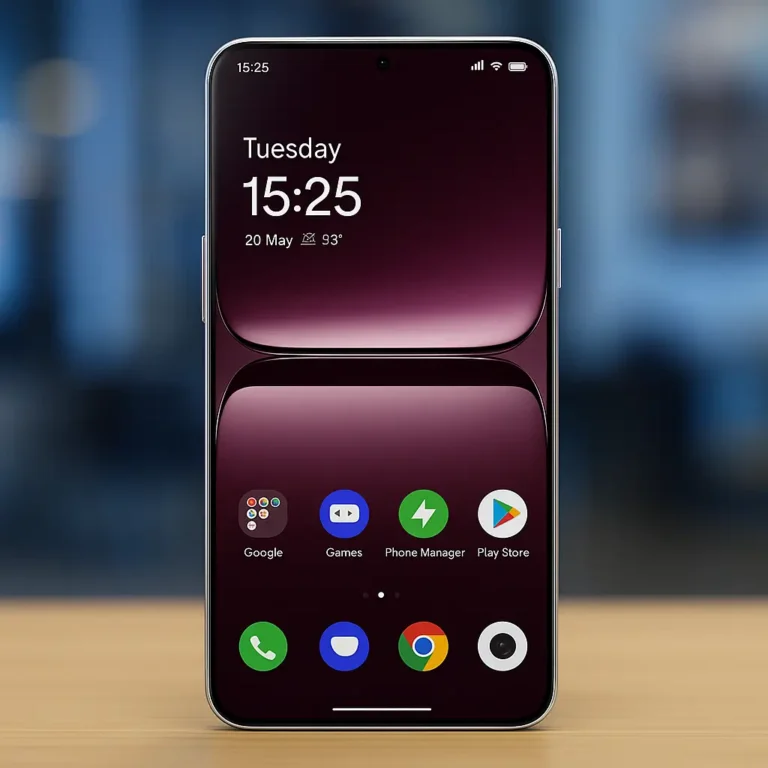 A modern smartphone on display with a sleek edge-to-edge screen, showing the time, date, and various app icons, set against a blurred exhibition-style background.