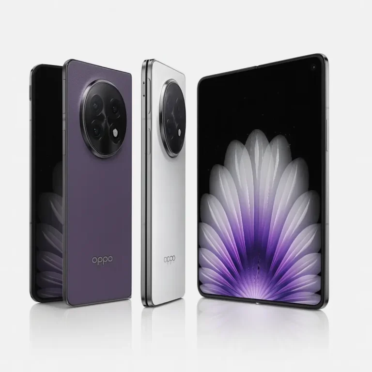 Three OPPO foldable smartphones displayed on a white background, featuring a purple leather back, a white matte finish, and an unfolded screen showing a purple and white flower-like wallpaper.