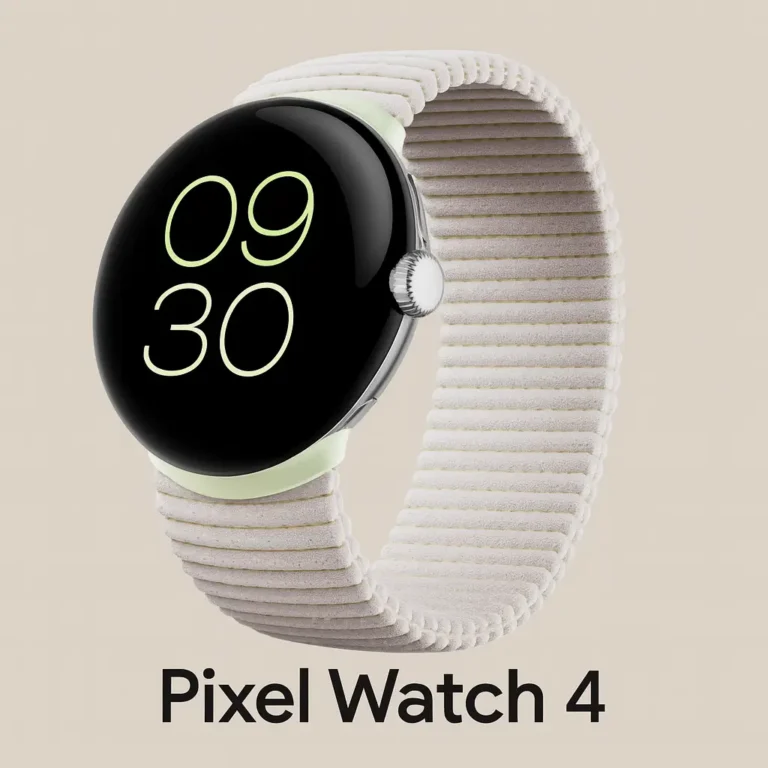 A square image of the Google Pixel Watch 4 in Porcelain color, featuring a round black display with lime-green digital time (09:30), paired with a textured fabric band, set against a soft gray background.