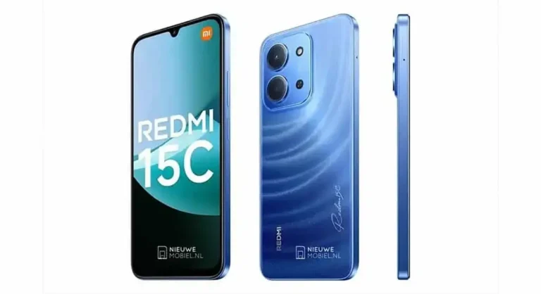 Redmi 15C 4G budget smartphone in blue color, showing front, back, and side view with dual camera setup and waterdrop notch display, official leaked render July 2025.