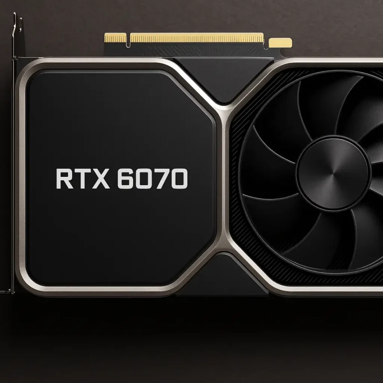 NVIDIA RTX 6070 graphics card with a black design, visible fan, and RTX 6070 label in bold white text on a sleek metal frame