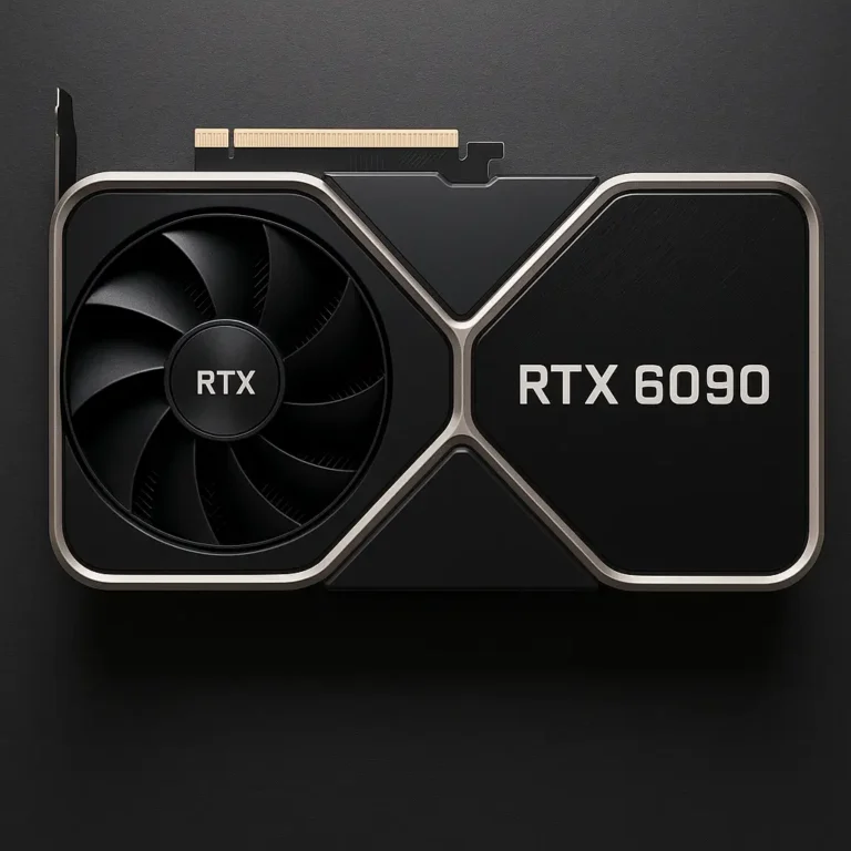 NVIDIA RTX 6090 graphics card featuring a sleek black design, large cooling fan, and metallic RTX 6090 label on a dark background