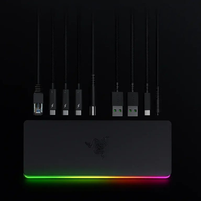 Razer Thunderbolt 5 Dock Chroma with multiple connected cables including Ethernet, Thunderbolt 5, USB-A, USB-C, power input, and audio jack, displayed on a black background.