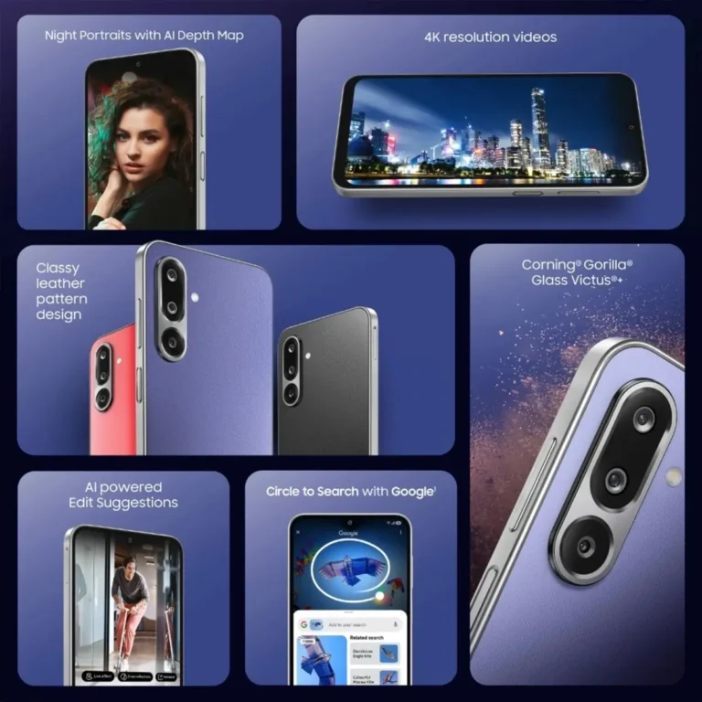 Samsung Galaxy F36 5G with triple rear cameras, AI portrait mode, 4K video, Gorilla Glass Victus+, classy leather finish, and Google Circle Search feature.