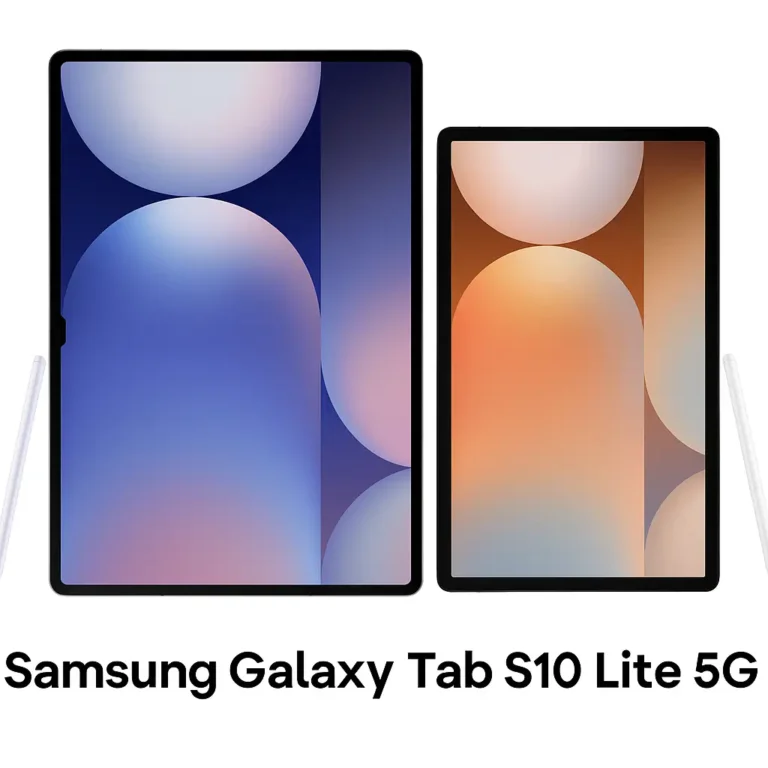 Two Samsung Galaxy Tab S10 Lite 5G tablets are displayed side by side on a white background. The left tablet features a blue gradient wallpaper, while the right one shows an orange gradient. Both tablets have slim black bezels and are accompanied by a white stylus placed next to each device.
