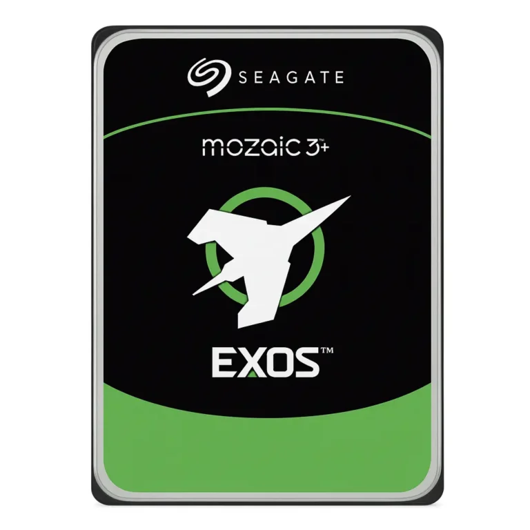 Front view of Seagate Exos Mozaic 3+ hard drive featuring a black and green design with a stylized jet logo and EXOS branding.