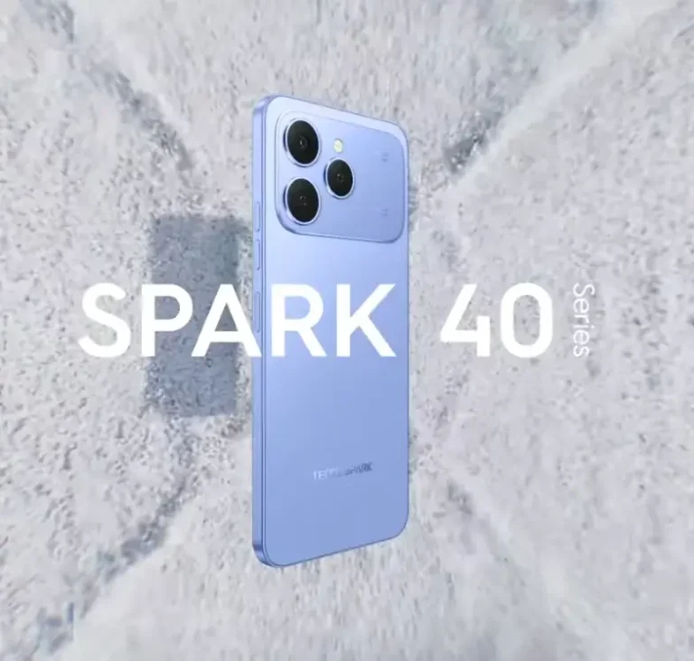 Tecno Spark 40 Series smartphone in blue color with triple camera setup, floating above textured background