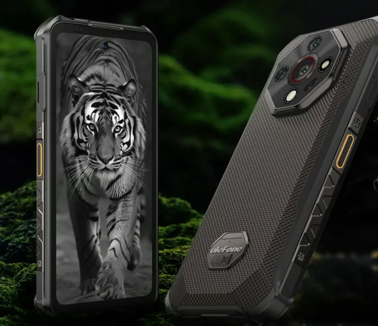 Front and back view of the Ulefone Armor X16 rugged smartphone, showcasing its octagonal rear camera module and textured black design, with a tiger displayed on the screen to highlight the phone's durability and night vision features.