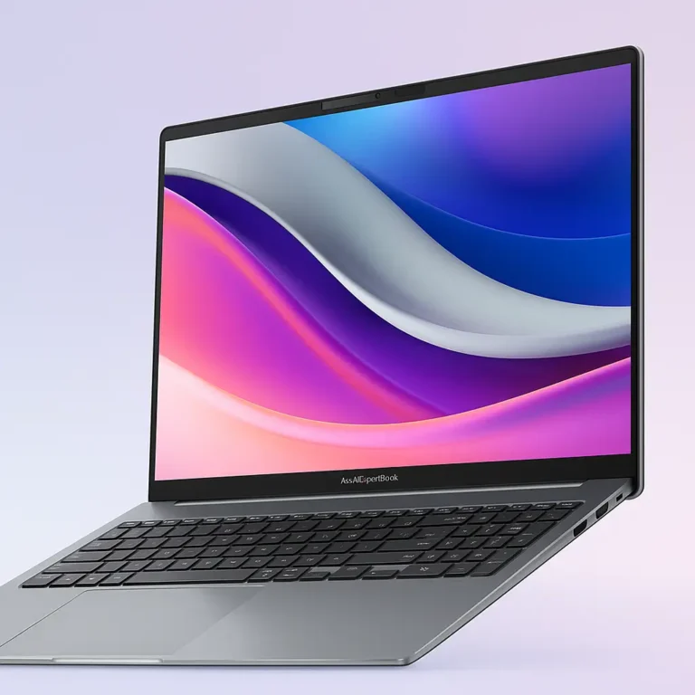 ASUS ExpertBook P3 business laptop featuring a slim metallic body, full-size keyboard, and vibrant display with curved abstract waves, floating against a soft gradient background.