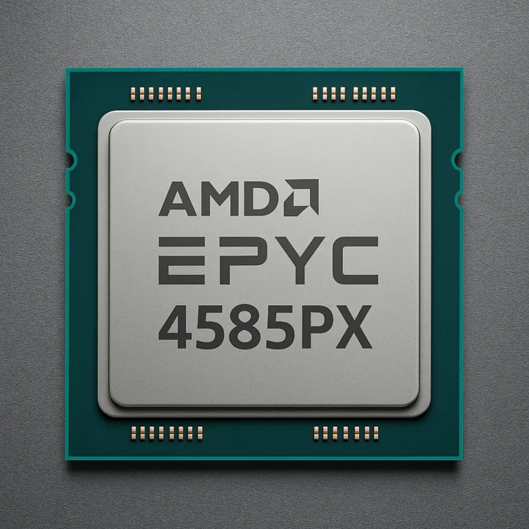 A close-up image of an AMD EPYC 4585PX server processor, featuring the model number clearly printed on the silver heat spreader, mounted on a green PCB with gold contacts, set against a dark gray textured background.