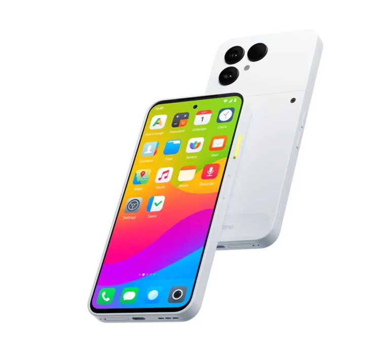 Fairphone 6 with /e/OS interface, showing colorful app icons and dual rear cameras in white color