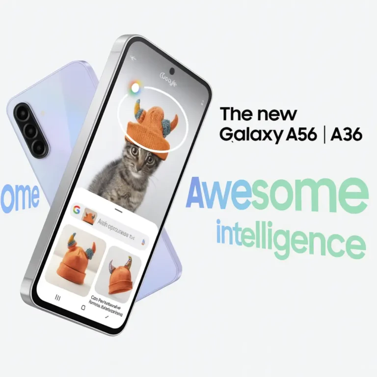 Promotional image of the Samsung Galaxy A56 and A36 5G showcasing AI-powered image search on the phone screen, with sleek device design and the phrase 'Awesome Intelligence' in the background