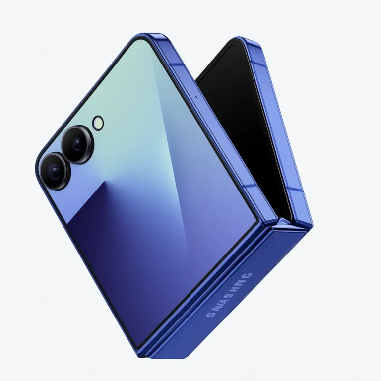 A sleek Samsung foldable smartphone in metallic blue, partially opened to reveal its hinge and dual rear cameras, displayed against a clean white background.