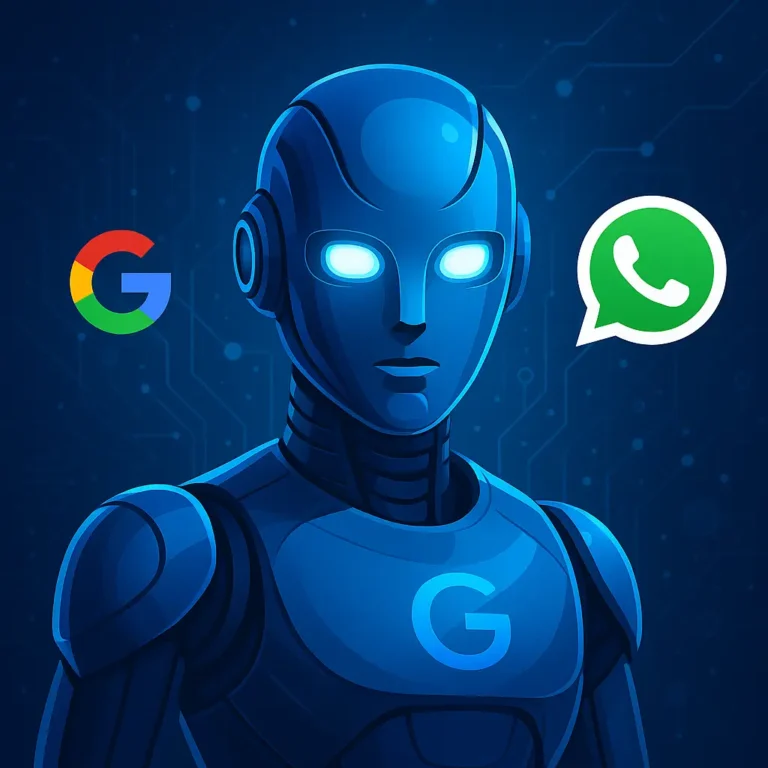 A futuristic humanoid robot with glowing blue eyes representing Google Gemini, standing between the Google logo and WhatsApp logo, against a dark digital background.

