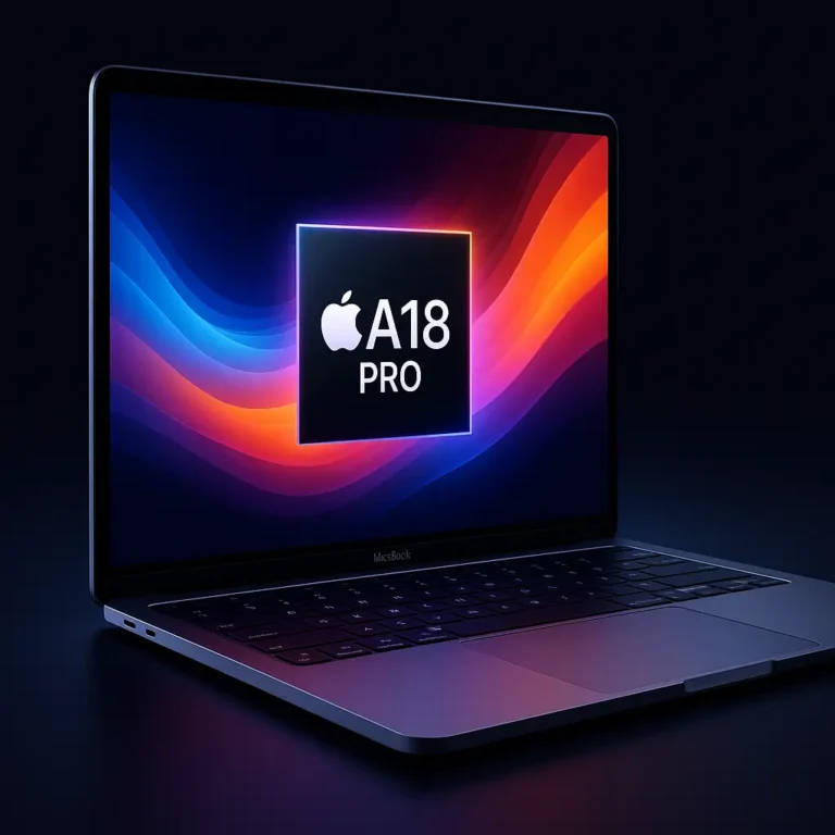 A digital photograph showcases an Apple MacBook featuring the new A18 Pro chip. The laptop is open, displaying a vibrant screen with colorful waves and a centered “A18 PRO” logo. The MacBook is placed against a dark, gradient background, emphasizing its sleek aluminum design.