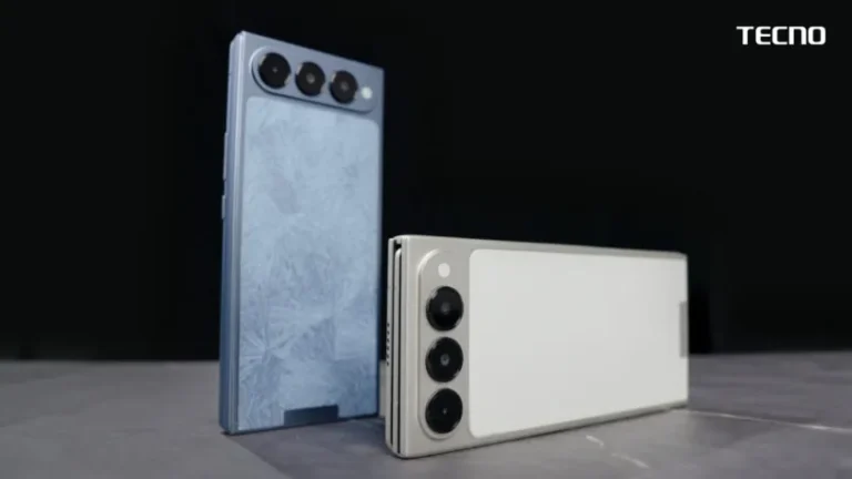 TECNO Phantom Ultimate G Fold Concept showcased in two color variants, featuring a triple rear camera setup and an ultra-thin tri-fold design.