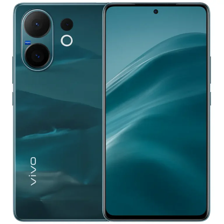 Vivo V60 smartphone showcasing a full-view display and a triple rear camera setup with ZEISS lenses, featuring a glass back in ocean blue with Vivo branding.