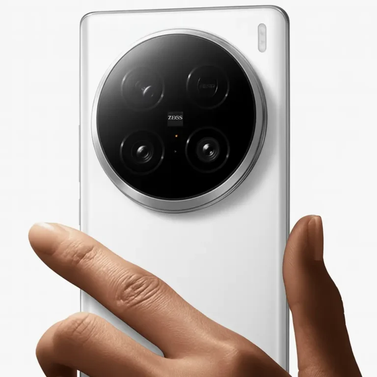 A close-up image of a sleek silver Vivo smartphone featuring a large circular camera module with ZEISS branding, held by a hand against a plain white background.