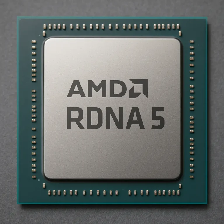 Close-up of AMD RDNA 5 chip on a green PCB with metallic surface and fine solder balls