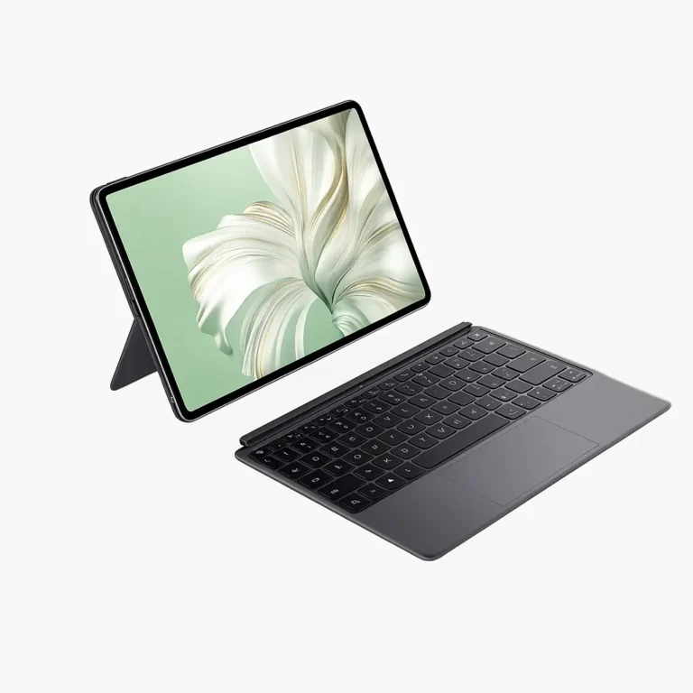 A modern 2-in-1 tablet with detachable keyboard, featuring a slim design, dark gray color, and a high-resolution display showing abstract green and white graphics.