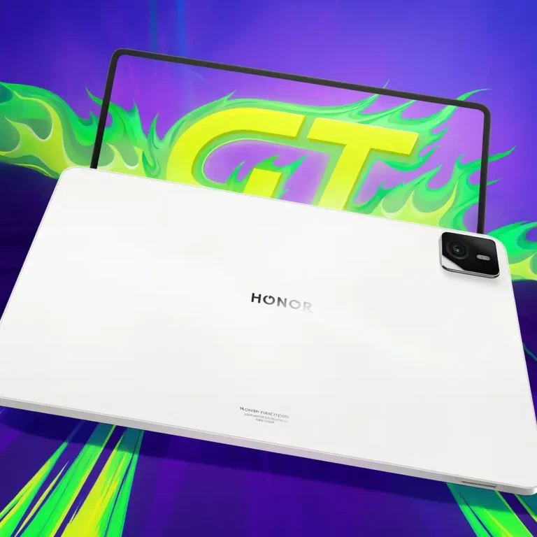 HONOR Pad GT2 Pro tablet with white matte back and prominent camera module, displayed against a vibrant background with green flames and a large GT logo on screen