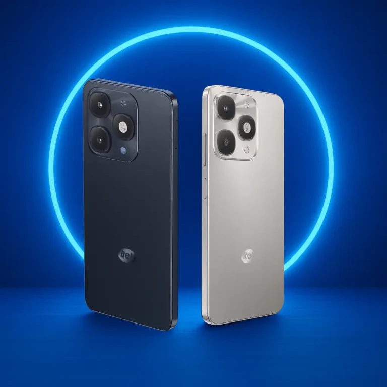 Itel Zeno 20 smartphones in black and silver with glowing blue circular background