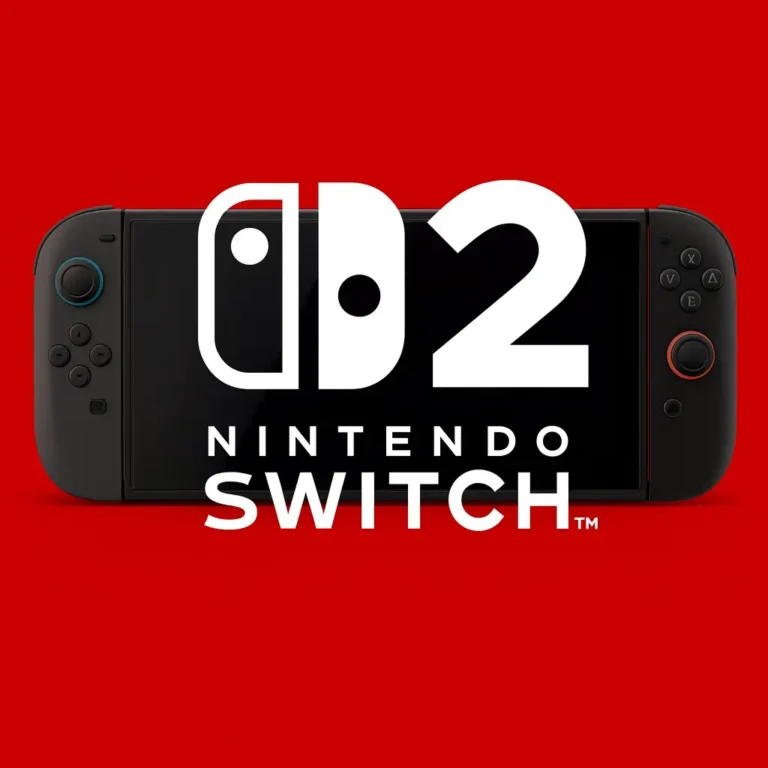 A digital promotional image of the Nintendo Switch 2, featuring the console with Joy-Con controllers on a bold red background and a large white "2" and "Nintendo Switch" logo in the center
