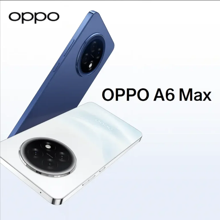 Oppo A6 Max smartphone in blue and white with large circular camera module and slim design