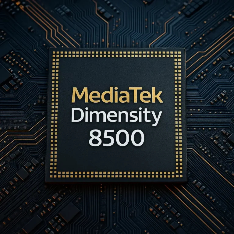 MediaTek Dimensity 8500 chip on a detailed dark PCB background with glowing copper circuits