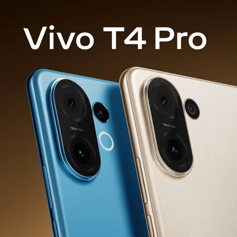 Vivo T4 Pro smartphones in Nitro Blue and Blaze Gold, showing rear camera modules with periscope lens, premium design, square studio render.