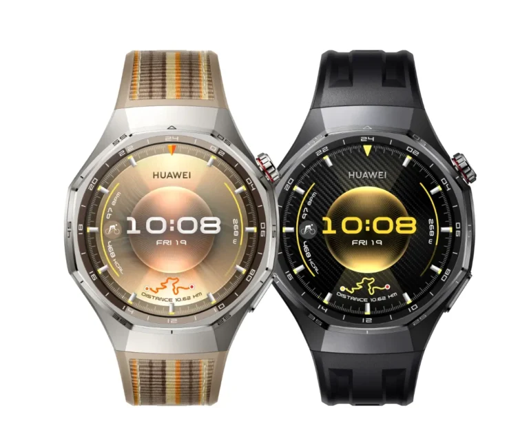 "Huawei Watch GT 6 Pro smartwatches in titanium silver with fabric strap and black edition with rubber strap, showing AMOLED display with sport tracking interface.