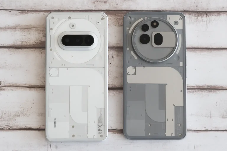 Two Nothing Phone 4a smartphones on a wooden surface, one in white and the other in gray, both showing transparent back designs with visible internal components and camera modules